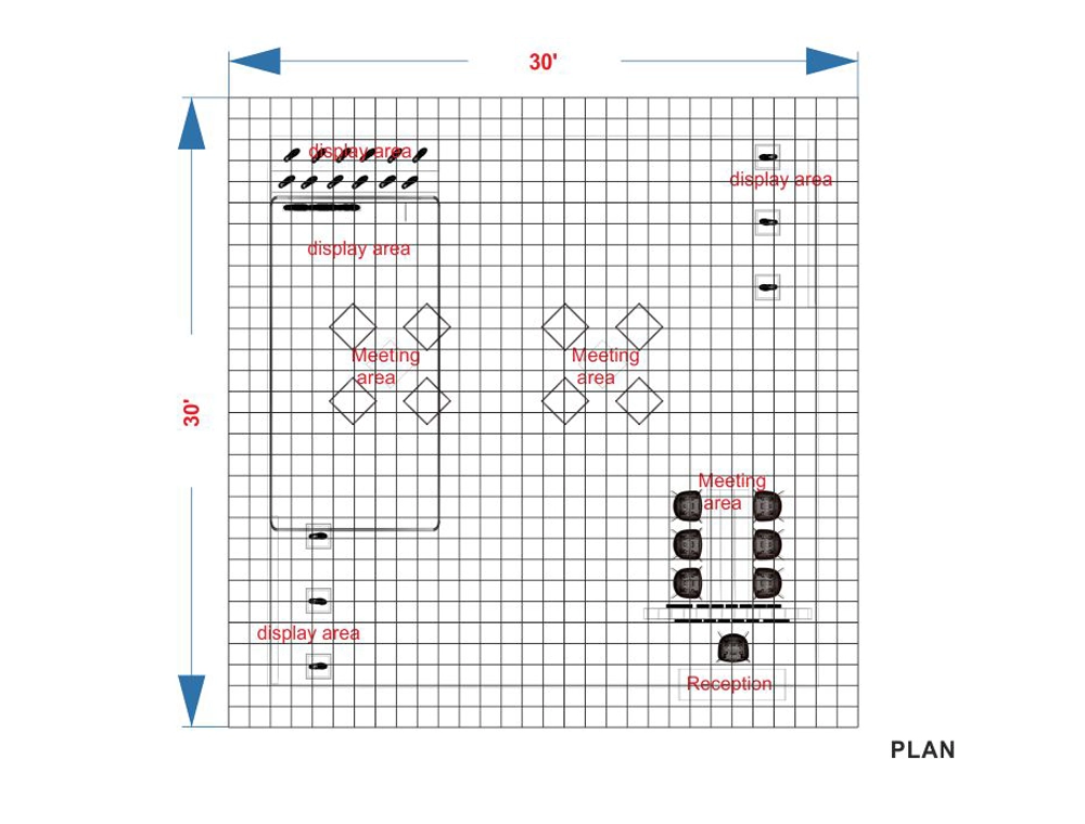 30x30 booth with central reception and demo area